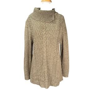 Talbots Cotton Cable Knit Mock Neck Tunic Sweater Large Green Speckled Old Money